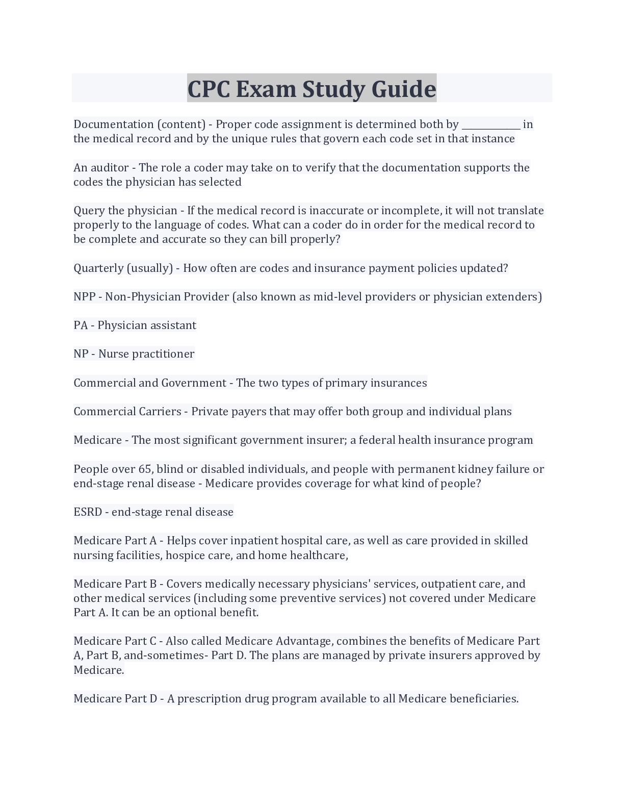 CPC Exam Study Guide Questions And Answers Browsegrades